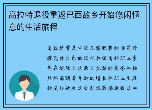 高拉特退役重返巴西故乡开始悠闲惬意的生活旅程